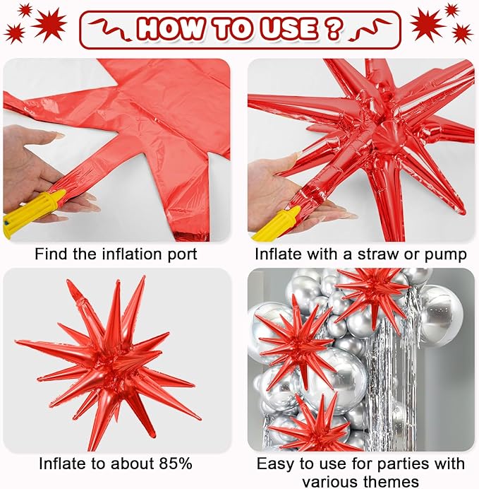 Black Red Star Balloons,9Pcs 22Inch Black Red Explosion Spike Cone Helium Polyester Film Star Foil Balloons for Birthday Halloween Anniversary Baby Shower Party Decorations