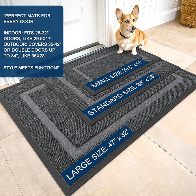 OLANLY Front Door Mat Indoor Outdoor Entrance, Waterproof All-Season, All-Weather Doormat, Sturdy Natural Rubber, Fade Resistant, Low Profile, Easy Clean Patio Porch Entryway Mat, 59x40, Grey