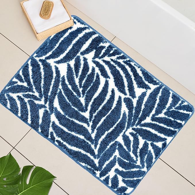 Blue Bathroom Rug - Dark Blue Bath Mat Small Tropical Leaf Bath Rugs Non Slip Washable Bathrug for Bathroom Floor, Cute Plant Bathmat Absorbent Bath Mats Botanical Home Decor 16" x 24"