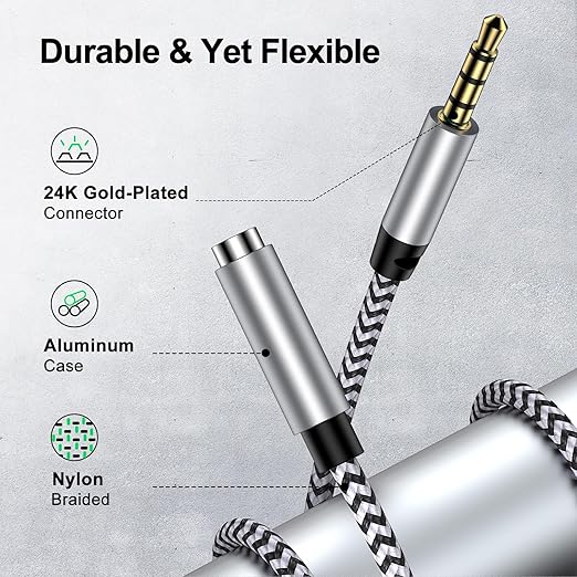 HOOTEK Headphone Extension Cable 6FT 3.5mm Male to Female Stereo Audio Extension Cable with Microphone Nylon Braided Aux Adapter Extender Cord for Headset iPhone iPad Smartphones Tablets Media Players