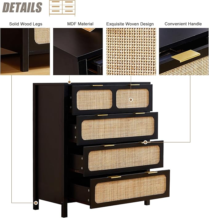LEVNARY 4 Drawer Dresser Set of 2, Rattan Dressers Storage Cabinet with Metal Handles, Wooden Chest of Drawers Dresser for Bedroom, Entryway, Living Room, Hallway (2, Black)