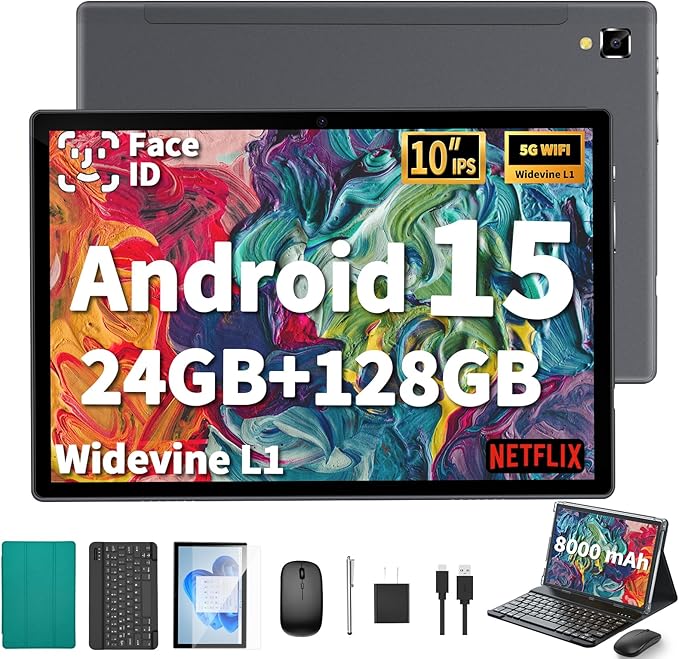 2026 Android Tablet with Keyboard, 24GB+128GB+2TB Expand, 10 inch Android 15 Tablet with Gemini AI, 8000mAh, BT 5.0, GMS Certified, 5G/2.4G WiFi, Tablets Pc with Mouse, Case, Stylus-Green Case