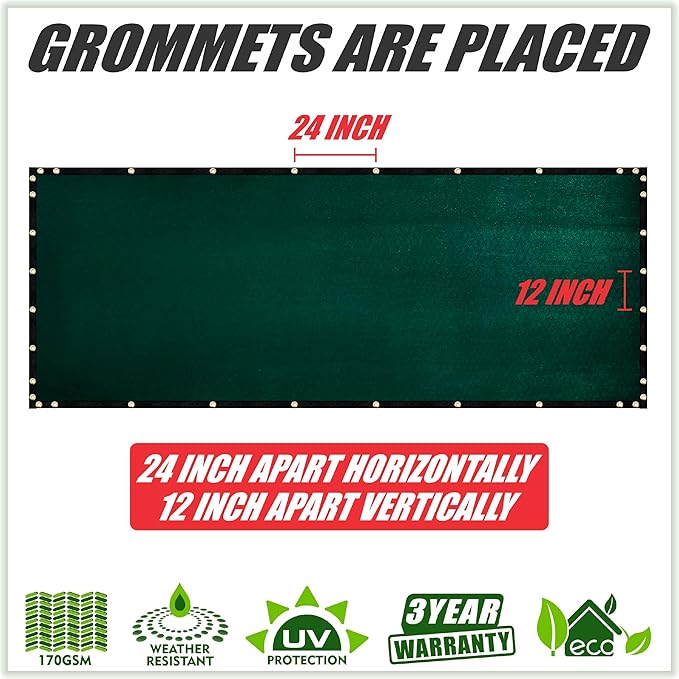 ColourTree Customized Size Fence Screen Privacy Screen Green 6' x 28' - Commercial Grade 170 GSM - Heavy Duty - 3 Years Warranty - Cable Zip Ties Included