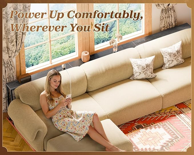 SUPERJARE 110.2 Inch Sofa Table with 2 Power Outlets and USB-C Port, 5.9 Inch Narrow Console Table with Storage, Extra-Long, for Entryway Hallway Couch Behind Sofa, Small Spaces, Black