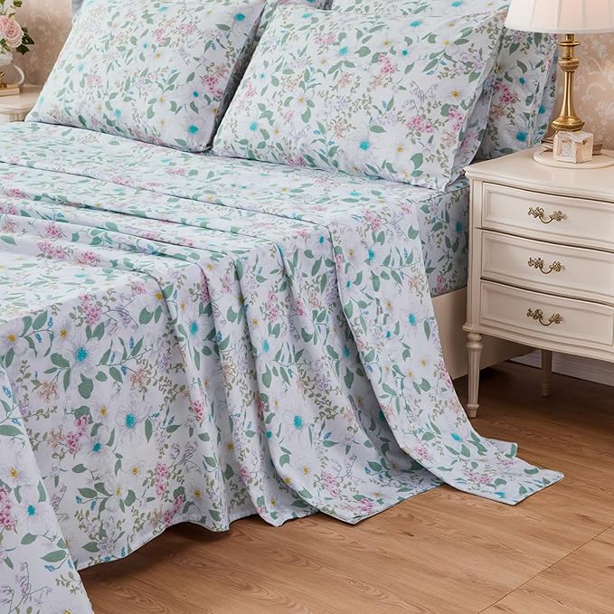 FADFAY Cal King Size Sheets Set 100% Cotton Vintage Floral Shabby Flowers & Leaves Pattern Farmhouse Bedding Set Deep Pocket Sheets with 2 Pillowcases Breathable Soft 4Pcs, Cal King