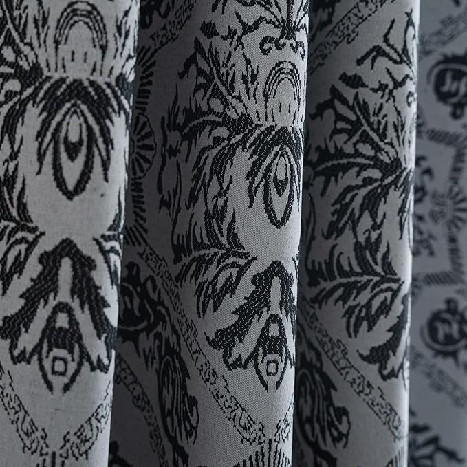 ENJOYBRIDAL Black Damask Curtains 84 Inch Long Semi Sheer Rod Pocket Drapes Bedroom Living Room 2 Panels Floor Length Window Curtain Panels Jacquard Medallion Pattern Light Filtering Window Treatments