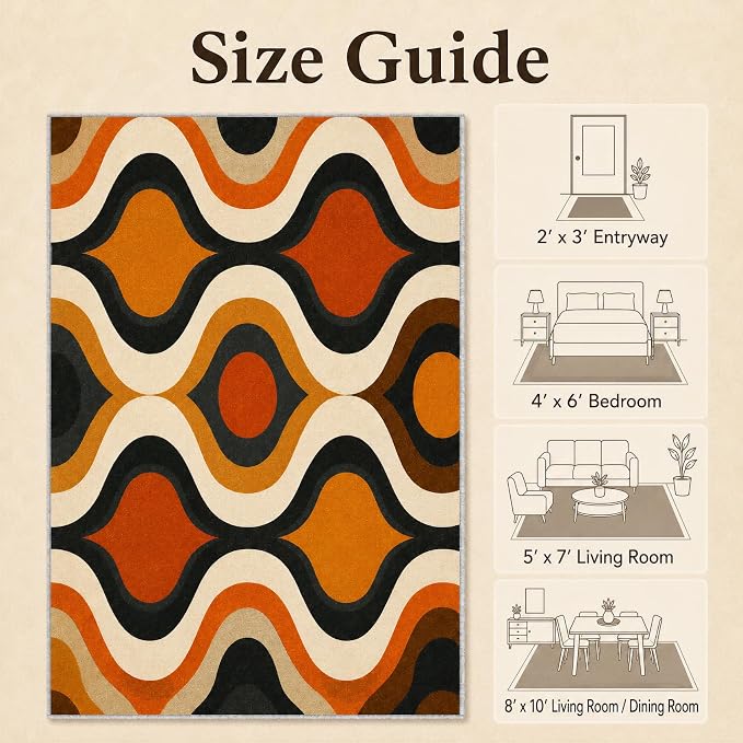 Retro Wave Area Rug 3x4, Mid-Century Modern Geometric Rug, Orange Brown Abstract Carpet for Living Room Bedroom, Soft Non-Slip Washable Rug