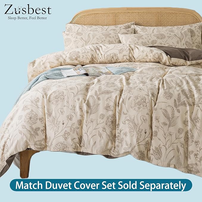 Zusbest King Size Sheets 100% Percale Cotton Beige Floral Bed Sheet Set, Brushed Extra Softness, Breathable Luxury Toile Flannel Sheets Like Khaki Flower Print Deep Pocket Bed Set 17.5'' 4 Pcs