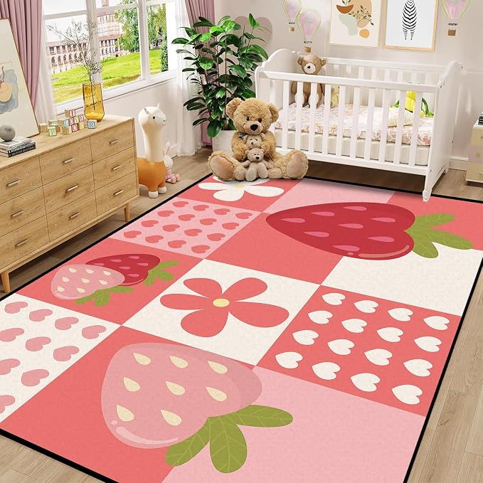 Strawberry Checkered Rug Cute Red Area Rug Love Flower Washable Carpet for Bedroom Living Room Nursery Kitchen Playroom Home Decor Soft Non Slip Floor Mat，4'x6'