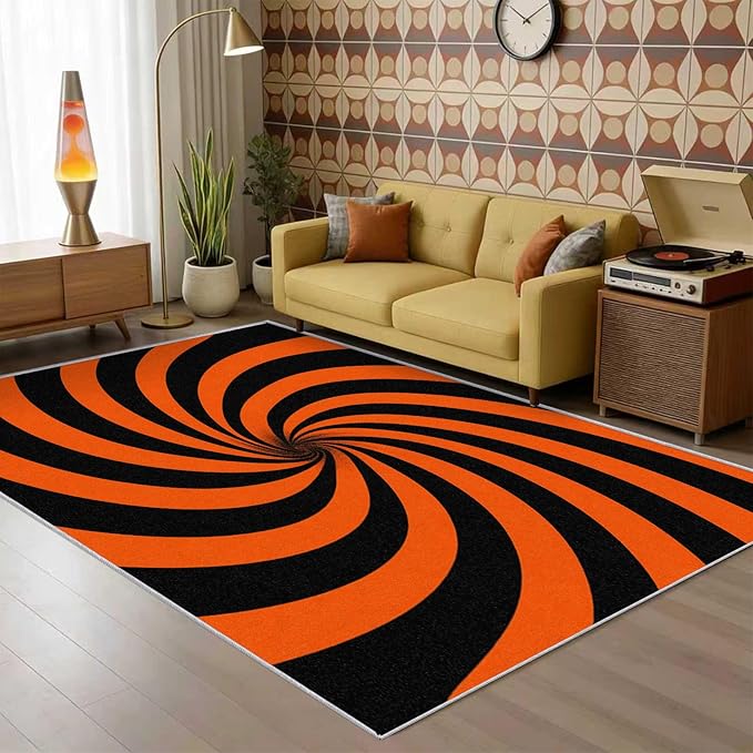 70s Rug Large 7x10 Swirl Abstract Black Orange Striped Pattern Area Rugs for Living Room, Bedroom, 70s Home Decor Accessories Indoor Carpet, Non Slip & Machine Washable, GD0381