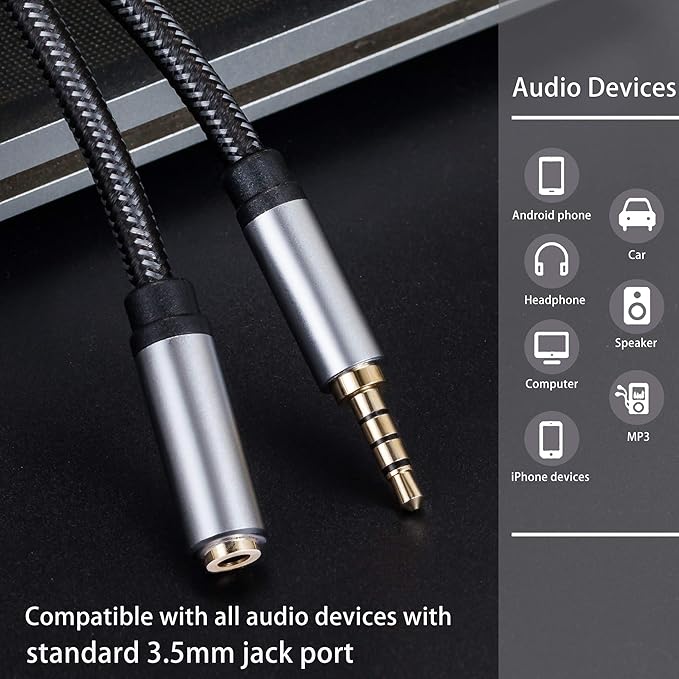 Audio Mic Extension Cable 6Ft,3.5mm Aux Headphone Extender 4-Pole Jack Plug Extension Lead Stereo Male to Female Braided Cord for Headset,TV,Laptop,Phone,Switch Lite,Car,PS4,Xbox and more(6Ft/2M)