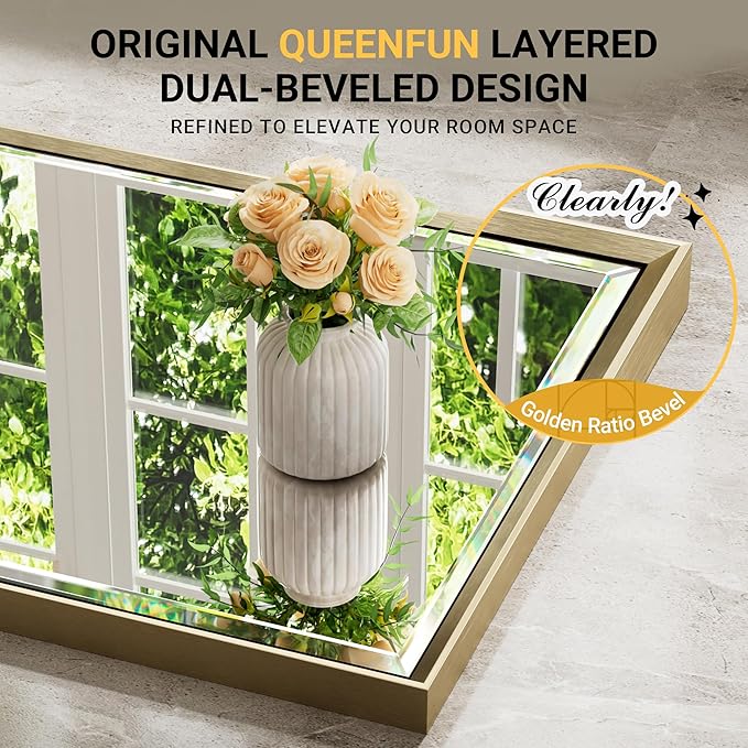 Brushed Gold Bathroom Mirror, 16''x 24'' Beveled Gold Bathroom Vanity Mirror, Anti-Rust Gold Framed Rectangle Wall Mirror Decorative, Brushed Gold Metal Frame Mirror Horizontal/Vertical