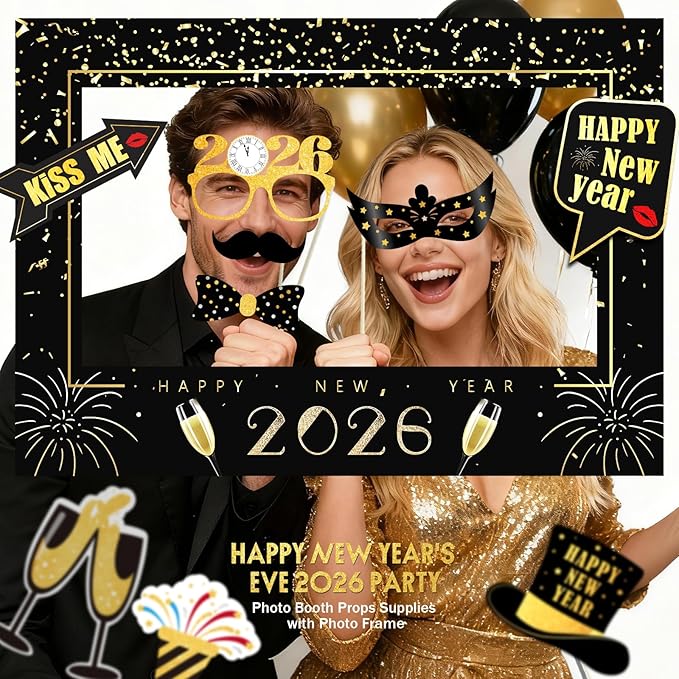 New Years Eve Party Supplies 2026, NYE Photo Booth Props Kit with Glitter Frame, 2026 Glasses & Mustache (Pack of 17)