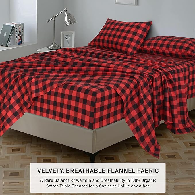 RUVANTI Flannel Sheets Twin XL Size - 100% Cotton Double Brushed Twin XL Sheet Sets, Deep Pockets 16 Inches, All Seasons Breathable & Extra Soft Bed Sheets, Warm & Cozy, 3 Piece, Red & Black Plaid