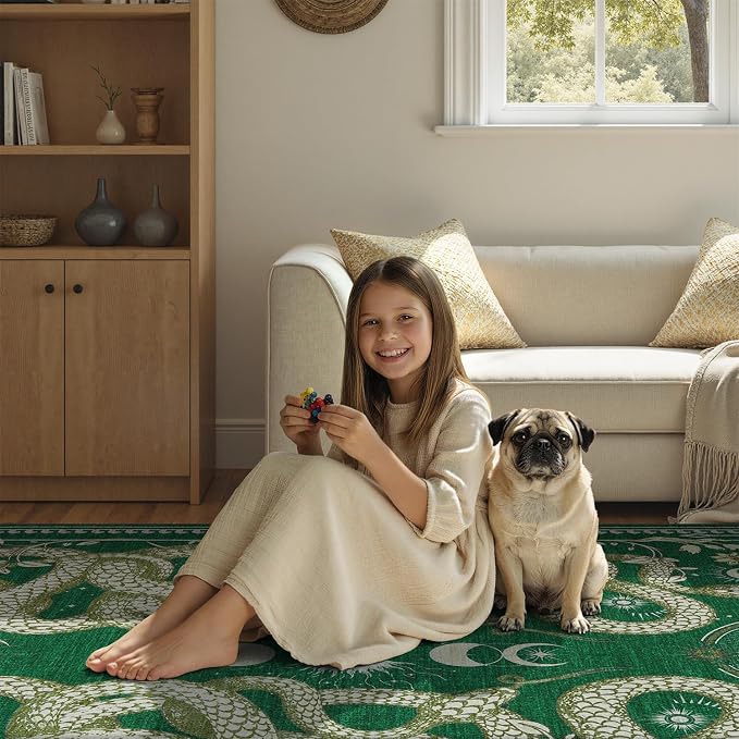 DCX Washable 2x6 Snake Runner Rug, Green Gothic Rug for Living Room, Soft Low Pile Carpet, Kid & Pet Friendly with Rubber Back Non Slip, Stain Resistant Rug for Bedroom Dining Room Office