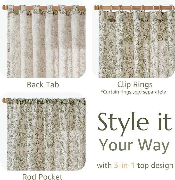 jinchan Linen Floral Curtains for Living Room with Printed Flower 63 Inches Long Light Filtering Farmhouse Window Treatment Vintage Short Drapes Back Tab Rod Pocket 2 Panels Green on Beige