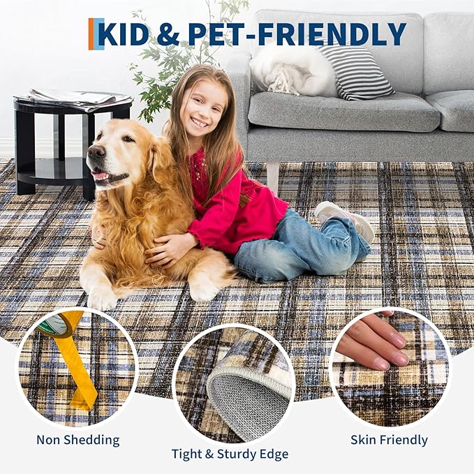 Washable Rugs 2x6 Runner Rug Modern Bordered Bathroom Rugs Non Slip Kitchen Runner Low Pile Entryway Rug Soft Runners Stain Resistant Carpet for Laundry Hallway Bedside 2'x6' Blue&Camel