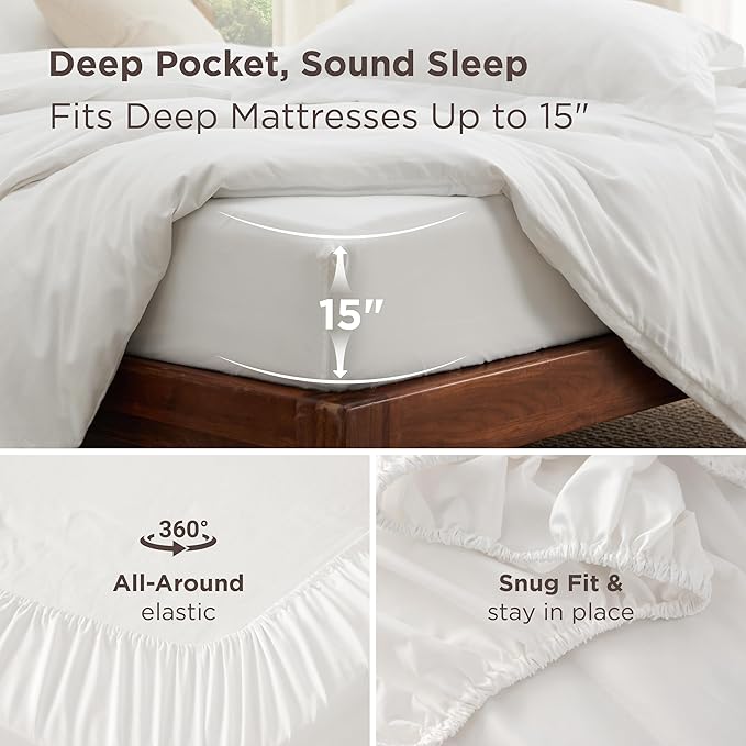 Bedsure Duvet Cover with Fitted Sheet Twin/Twin XL - Deep Pocket, Hotel Luxury Soft Double Brushed Bedding Set with Zipper Closure, 1 Duvet Cover, 1 Fitted Sheet, 1 Pillow Shams, NO Comforter, White