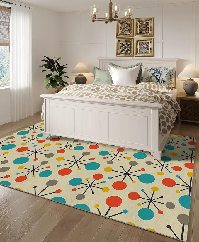 8x10 Retro Area Rug for Living Room Bedroom Dining Room, Mid Century Modern Atomic Living Room Rug Non-Slip, Yellow Floor Rug Carpet Machine Washable