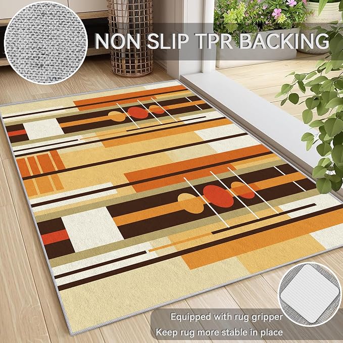 Contemporary Geometric Rug 6x8, Washable Retro Stripe Rugs for Living Room Bedroom, Mid Century Modern Area Rug for Home Decor, Non Slip Backing Floor Carpet with Gripper - 6 x 8 ft