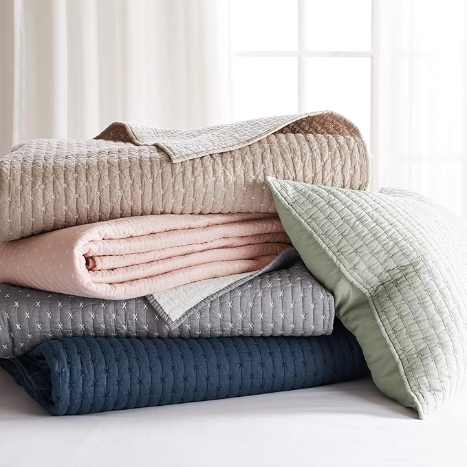 Levtex Home Cross Stitch Reversible Twin Bedspread Set (84x104in) with 1 Pillow Sham (26x20in) - Stitch Texture - Desert Sage - Cotton Twin Size Bedspread Set - Lightweight, Soft, Pre-Washed
