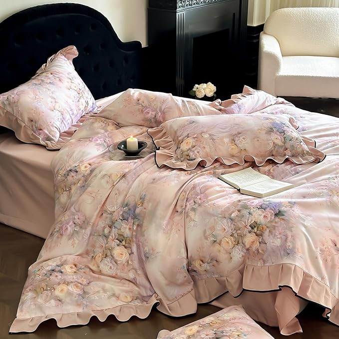 HighBuy Pink Floral Ruffle Duvet Cover Set Twin,Ruffle Comforter Cover Chic Cottagecore Brushed Cotton Breathable for Teen Girls,3 Piece Farmhouse Bedding Set(1 Duvet Cover,2 Pillowcases)
