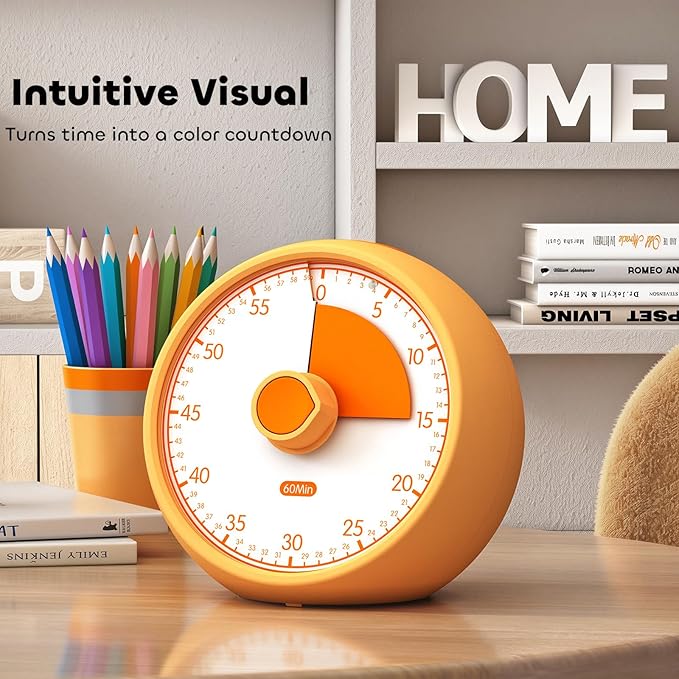 Conchstar Visual Timer for Kids 60-Minute - Countdown Timer with Optional Alarm, Focus Tool for ADHD & Autism, Time Management for Homework, Chores, Office, Kitchen, Teaching & Study Routines (Orange)