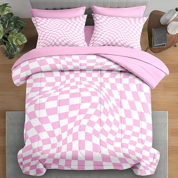 Comforter Set Twin Size, Pink White Geometric Checkerboard 5 Pcs Bedding for Kids and Adults, Chess Checkered Bedding Sets with Fitted Sheet Pillowcase & Sham for Bedroom Bed Decor