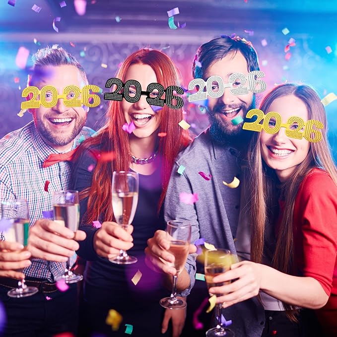 Konohan 6 Pcs 2026 New Year Eve Glasses Glitter Number Sunglasses Eyeglasses for New Years Party Supplies Festival Photo Prop(Yellow Black Silver)
