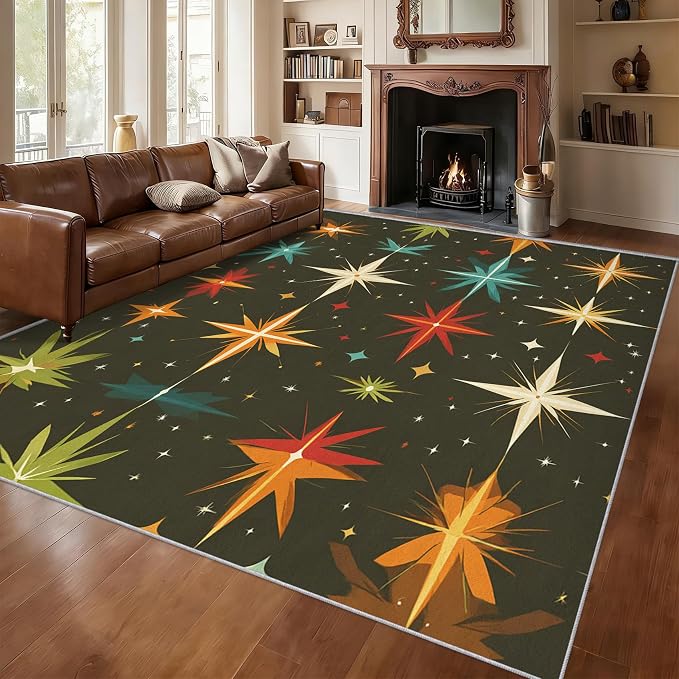Atomic Rugs for Bedroom 4x5 ft, Abstract Starburst Area Rugs for Living Room, Washable Non Slip Low Pile Mid Century Modern Carpet, Home Decor PF-P 107