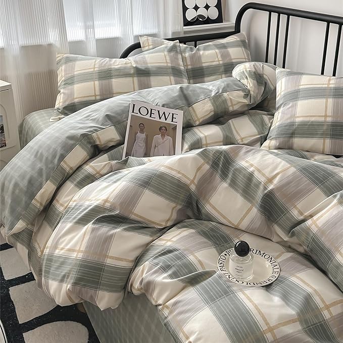 Plaid Full Size Comforter Set Geometric Plaid Grid Comforter Set Fluffy Soft Microfiber Bedding Comforter Farmhouse Checkered Comforter Set for All Season 3 Piece Plaid Bedding Comforter Set Full Size
