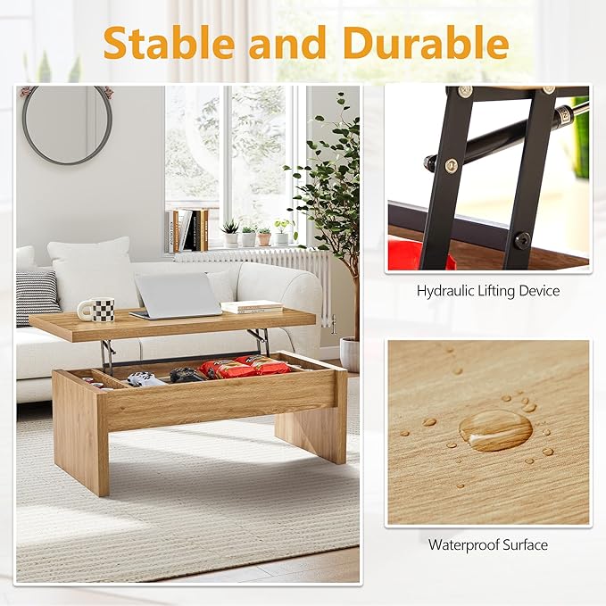 Small Lift Top Coffee Table, Wood Rectangle Coffee Table with Lifting Top and Hidden Storage Compartment, Mid Century Modern Center Tables for Small Space, Living Room, Office (Natural)