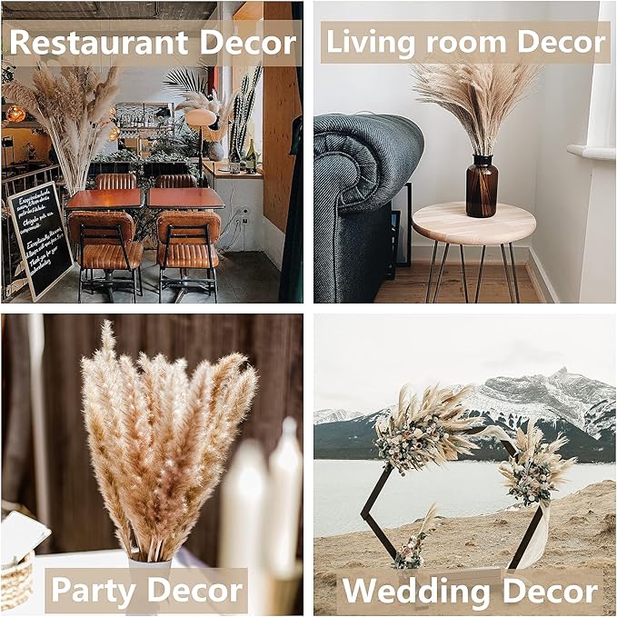 100 PCS Dried Flowers Pampas Grass Bouquet, Boho Table Decor, Bunny Tails Dried Flowers, Brown Pompas, White Pampas Grass for Wedding, Home, Rustic Party, Baby Shower Decorations