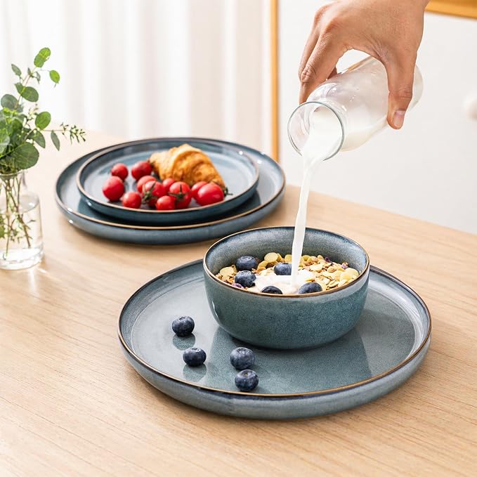 GBHOME 32 Pieces Double Bowls Ceramic Dinnerware Sets for 8, Stoneware Plates and Bowls Set with Reactive Glaze, Scratch Resistant Stoneware Dishes Set, Dishwasher & Microwave Safe