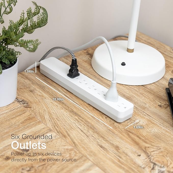 GE 6-Outlet Surge Protector, 6 Ft Extension Cord, 540 Joules, Power Strip, Flat Plug, Integrated Circuit Breaker, Wall Mount, ETL Listed, White, 83048