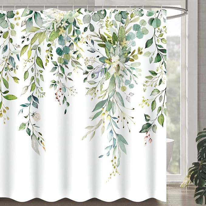 Long Green Eucalyptus Shower Curtain Watercolor Floral Plant Leaf Shower Curtains for Bathroom Botanical Flower Waterproof Fabric Bath Curtain Decor with Hooks (Green, 72'' x 78'')