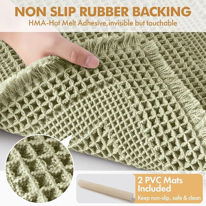 MIULEE Set of 2 Waffle Bathroom Rugs, Boho Bath Rug Super Absorbent, Non Slip Washable Ultra Soft Rubber Backed Shower Bath Mats for Floor, Tub, Shower, Looped Design, Sage Green, 17"x24"+18"x30"