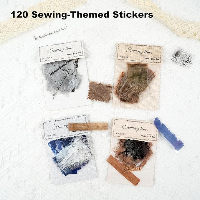 AuriicLeaf Sewing Time Fabric Patch PET Stickers Set, 120PCS Retro Cloth & Denim Pieces - Waterproof Self-Adhesive Scrapbook Junk Journal Collage Embellishments