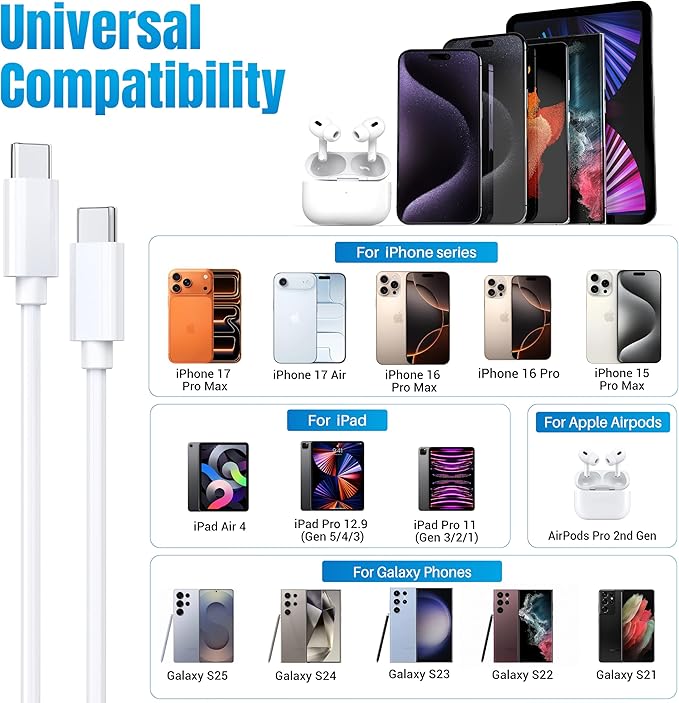 USB-C Block 30W PD Super Fast Charging Block Type C Plug Wall Adapter, USB C Phone Charger with 6ft Fast Cable Cord for iPhone 17, 17 Air, 17 Pro, 17 Pro Max,16, 15, iPad Pro 12.9/11 Galaxy-1Pack