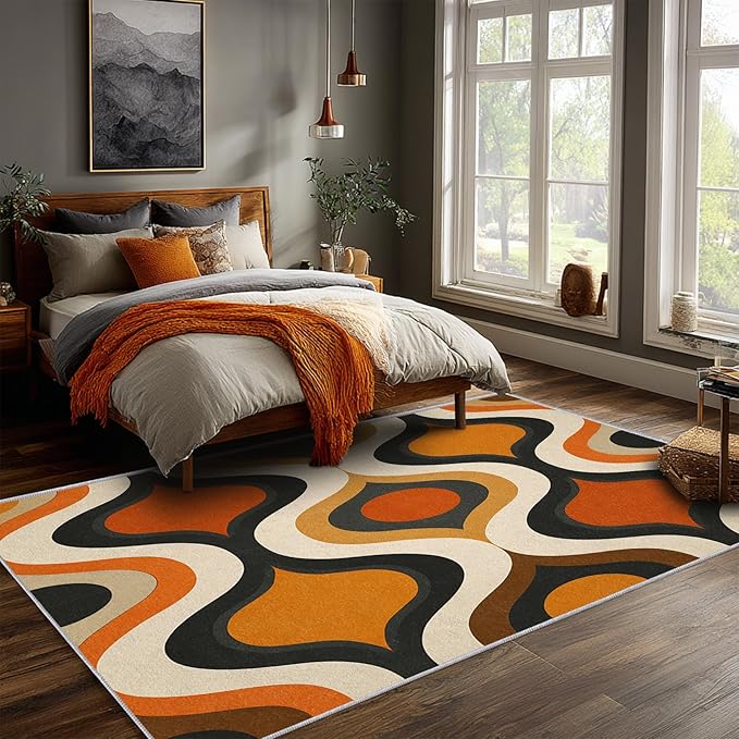 Retro Wave Area Rug 4x6, Mid-Century Modern Geometric Rug, Orange Brown Abstract Carpet for Living Room Bedroom, Soft Non-Slip Washable Rug