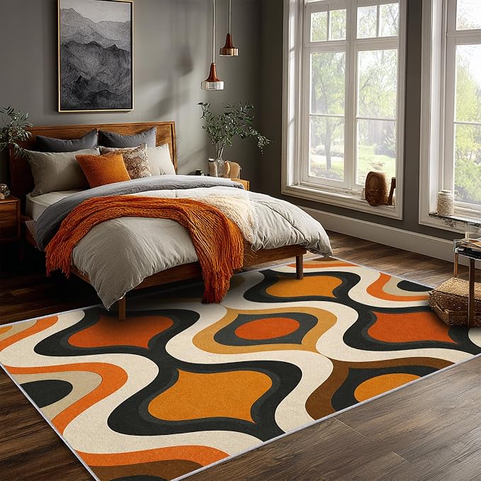 Retro Wave Area Rug 4x5, Mid-Century Modern Geometric Rug, Orange Brown Abstract Carpet for Living Room Bedroom, Soft Non-Slip Washable Rug