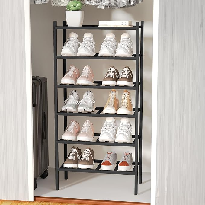 6-Tier Bamboo Small Shoe Rack, Free Standing Wood Shoe Shelf Storage Organizer for Closet Entryway Stackable (Black)