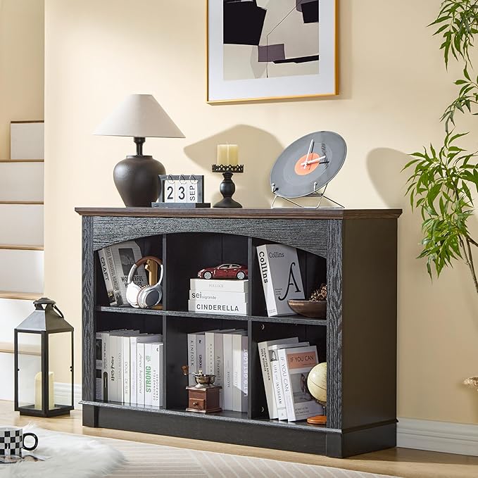 Black Bookshelf, 6-Cube Bookcase and Kids Bookshelf, Wooden Storage Cabinet with Cube Organizer, Modern Book Shelf for Bedroom Furniture, Living Room, Office Storage, Toy Organizer, Display Cabinet