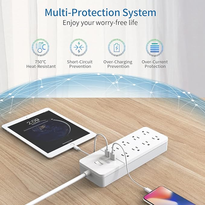 Flat Plug Extension Cord 15Ft - NTONPOWER 8 Outlets Surge Protector Power Strip with 2 USB, Overload Protection, 1080 Joules, ETL Listed, 15A/1850W, Wall Mountable for Home Office and Workbench, White