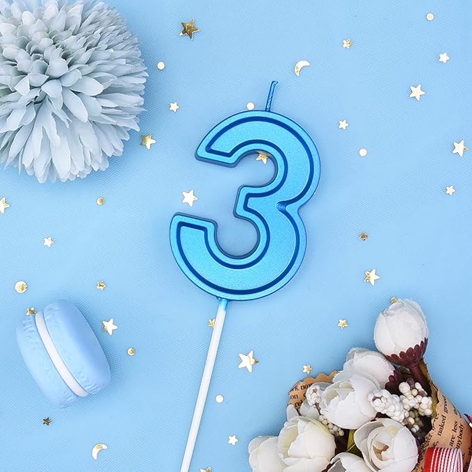 PHD CAKE 2.76 Inch Luxe Blue 3 Number Birthday Candles, Blue Number Candles, Cake Number Candles, Party Celebration