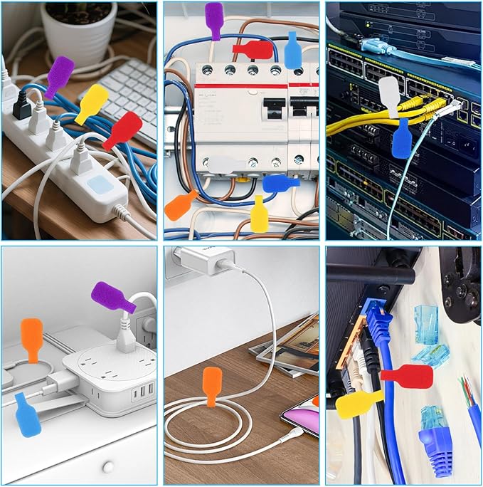32PCS Multi Color Durable Cable Lables Waterproof Write on Cord Labels Tags for Reusable Electronics Organization Computer Industrial Cable Management Reusable Plastic Velcro Label(8 Colors)