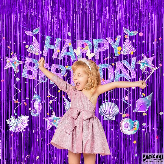 Thicken Purple Streamers 4 Pack 3.2 x 8.2 FT, Purple Birthday Decorations Tinsel Backdrop Curtains, Foil Fringe Photo Backdrop for Halloween, Graduation Party Decorations