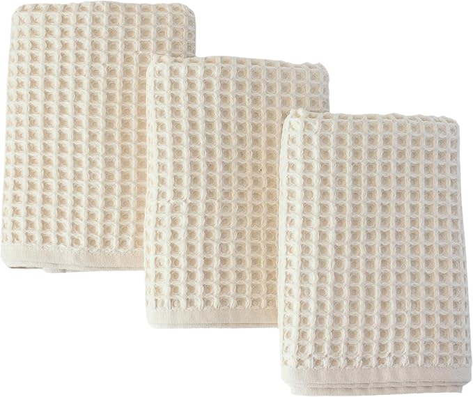 PÜSKÜL Organic Waffle Kitchen Towel Pure 100% Turkish Cotton Set of 3 Natural Raw-Undyed Towel - Premium Quality Soft Quick-Dry Absorbent Lint-Free Hand & Dish Towels Large 32X16 (3, Natural Beige)