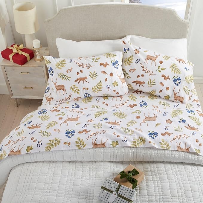 Market & Place 100% Cotton King Flannel Sheet Set | 4 Piece Deep Pocket Novelty Cozy Winter Bed Sheets | Double Brushed for Extra Softness & Comfort | Alpine Collection (King, Woodland Forest)