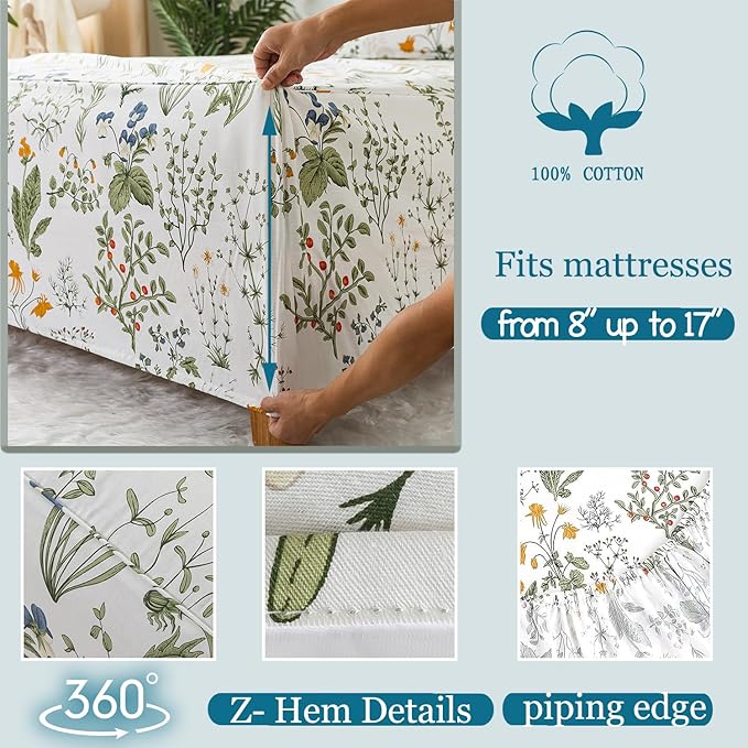 Zusbest Queen Sheet Set 100% Percale Cotton Green Floral Bed Sheet Set Yellow Flower & Green Leaves Botanical Pattern Printed on White Garden Luxury Crisp Soft Deep Pocket Fitted Sheet 17.5'' 4Pcs